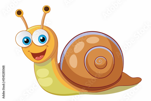 Bright and cheerful cartoon snail character with a vibrant orange spiral shell, blue body, and big smiling face. 