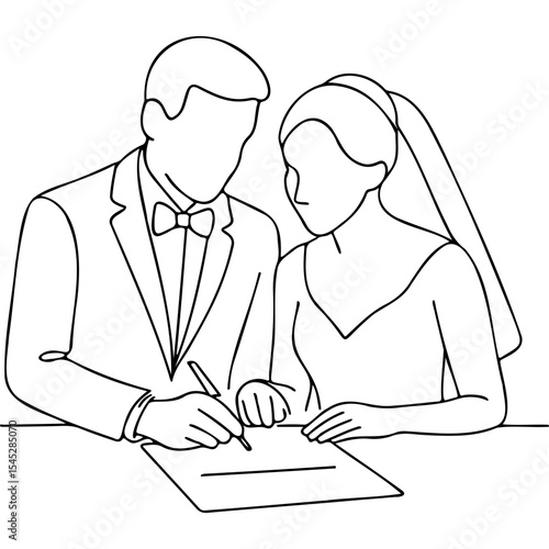 Couple signing marriage license in minimalist line art style  