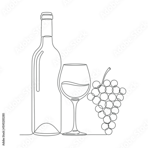 A single line drawing of a wine bottle a wine glass and a bunch of grapes on a white background