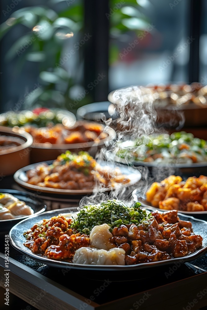 Fototapeta premium A vibrant array of delicacies gathers on the table, where steaming dishes and exquisite tableware complement each other perfectly