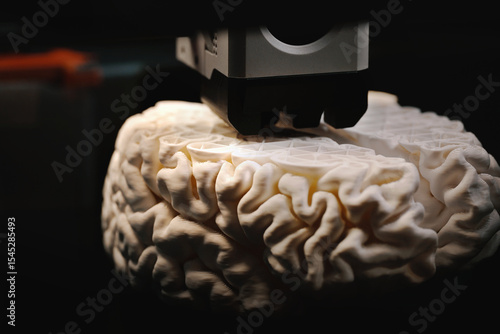 3D printing of a human brain model – close-up view of FDM printer extruding layers. Rapid prototyping for neuroscience and medical research.