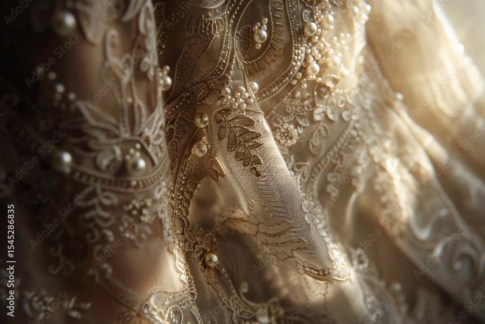 Naklejka premium In a close-up shot, the lace and pearl embellishments of the wedding dress shimmer under the light