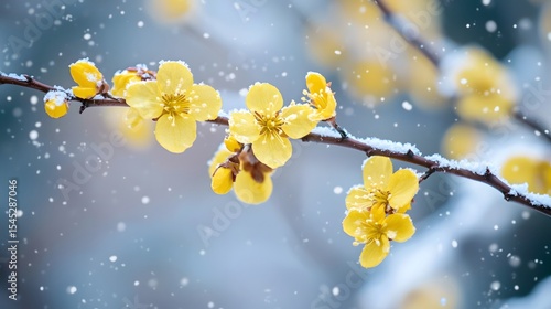 The wintersweet blooms quietly in the snowy winter landscape, its yellow petals appearing exceptionally resilient against the backdrop of snow