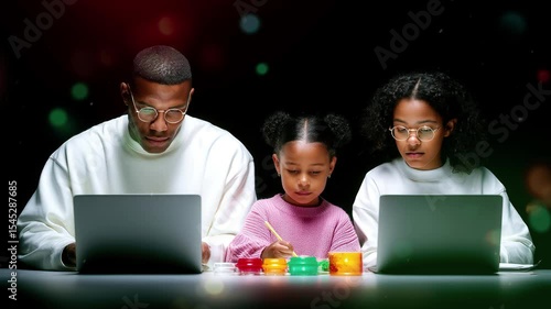 A father and two children are focused on their laptops, while the middle child paints with colorful supplies. This occurs in a dimly lit environment, highlighting their activities.