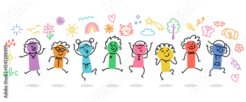 Stick Figure Kids: Stick Figures, Children, Jumping, Colorful, Painting, Art, Kids Drawing (Nr. 6)