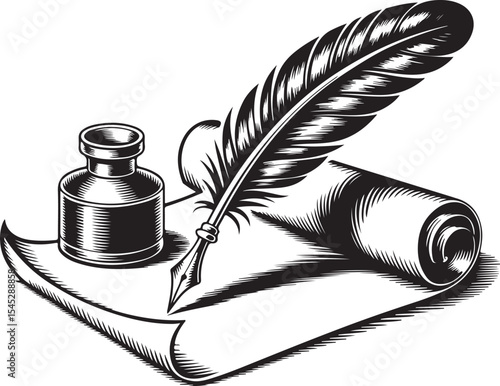engraving vintage quill inkwell on parchment vector art illustration, old vintage quill design. 