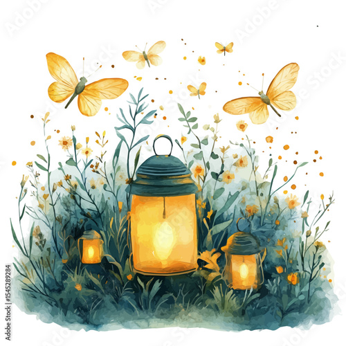Fireflies Glowing Dusky Garden, watercolor vector, isolated on a white background.