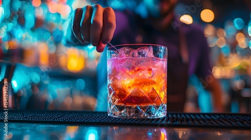 A bartender showcases their mixology skills on stage, with colorful lights and a joyful atmosphere in the background