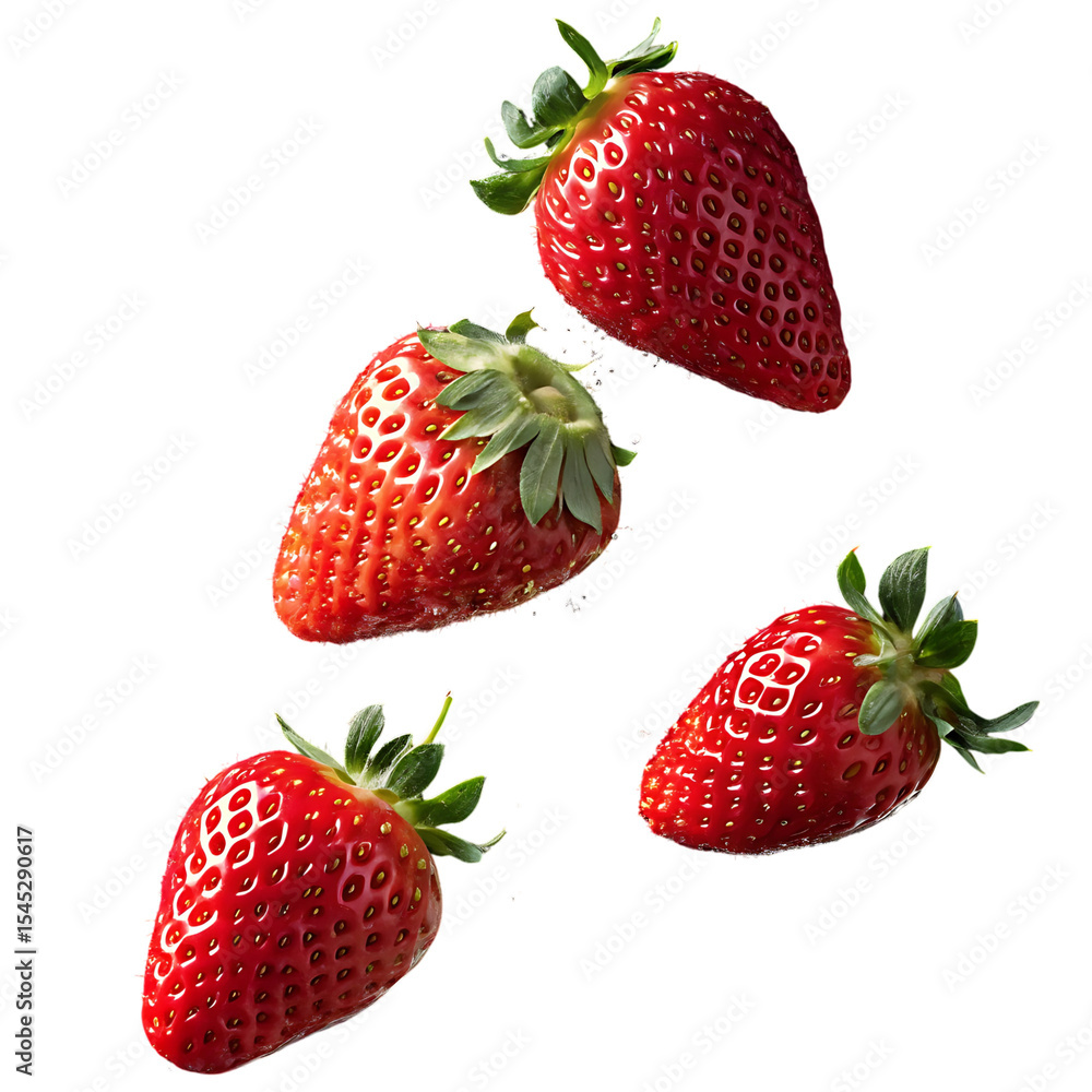 Four fresh strawberries falling isolated on transparent background Four fresh strawberries falling isolated on transparent background