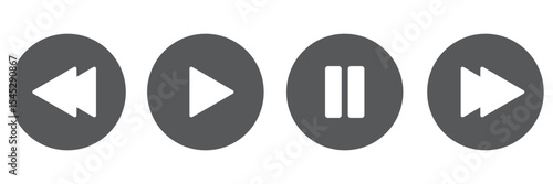 Media player button icons set.Pause, rewind, fast forward Play video icon collection.Vector Illustration. Play button. Video audio player. Music video start sign. Round play button icons.