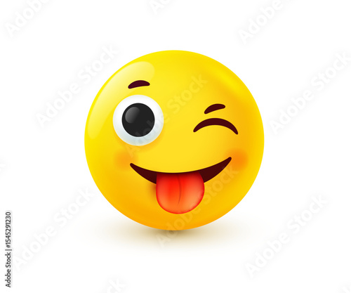 Vector illustration of yellow teasing smile emoji. Happy emotion face with tongue. 3d cartoon style design of positive winking emoticon. Happy mood and facial expression. Funny smile character icon