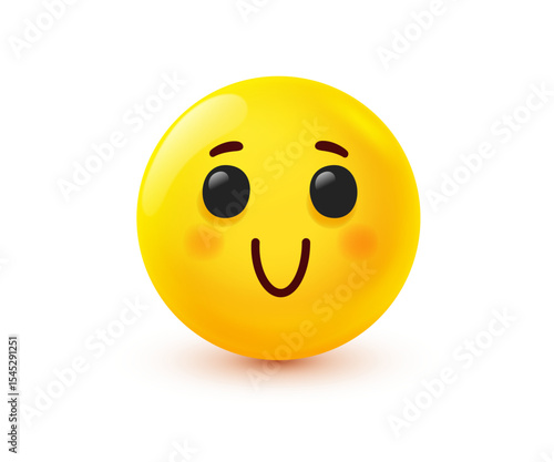 Vector illustration of yellow smile embarrassed emoji. 3d cartoon style design of positive emoticon with cheek. Happy emotion face. Funny smile character icon. Happy mood and facial expression