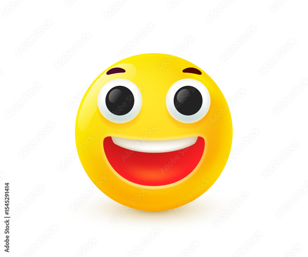 Fototapeta premium Vector illustration of yellow laughing smile emoji. Happy emotion face with laughter. 3d cartoon style design of funny smile character icon. Happy mood and facial expression of positive emoticon