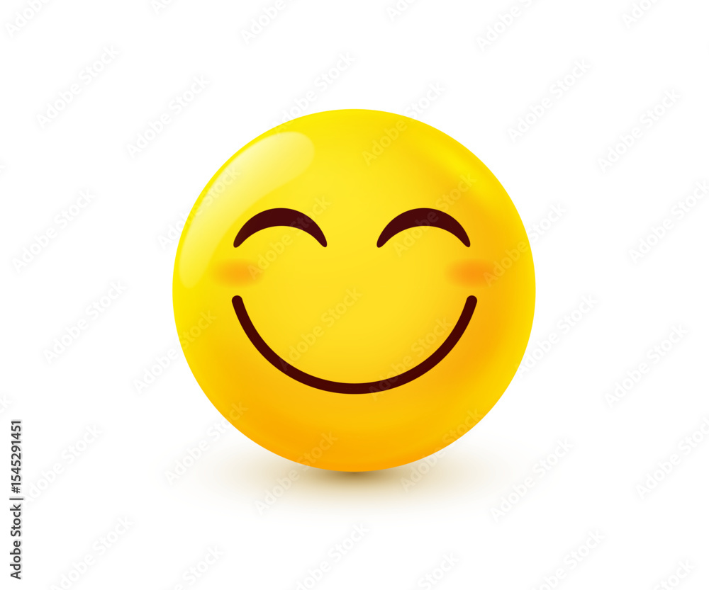 Fototapeta premium Vector illustration of yellow smile emoji. 3d cartoon style design of positive emoticon with closed eyes. Funny smiley character icon. Happy emotion face with smile. Facial expression and happy mood