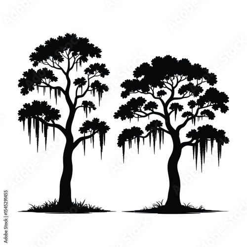 A black and white silhouette illustration of two tall Southern live oak trees with distinctive hanging Spanish moss