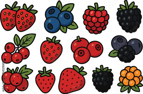 Various Cartoon Berries Isolated on White Background Strawberries Blueberries Raspberries Blackberries Cloudberries and Cranberries