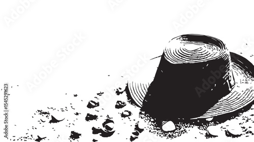 A straw hat and seashells on a sandy beach next to the clear turquoise water of the ocean shore