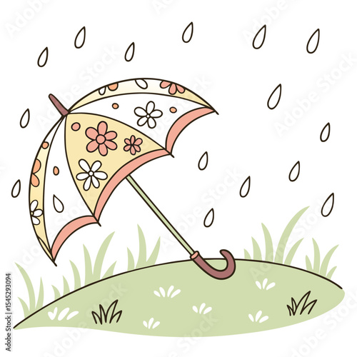 Whimsical Umbrella on a Grassy Knoll in the Rain