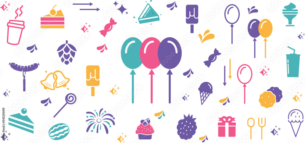 Elements for a birthday party. Happy birthday greeting vector design. Cake, Gifts, Candy, Donut, ballon and firework. Elements for a birthday party. Happy birthday greeting vector design. Cake, Gifts, Candy, Donut, ballon and firework.