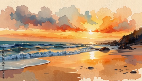 Dreamy watercolor sunset over serene beach coastal landscape art scene tranquil environment vibrant view
