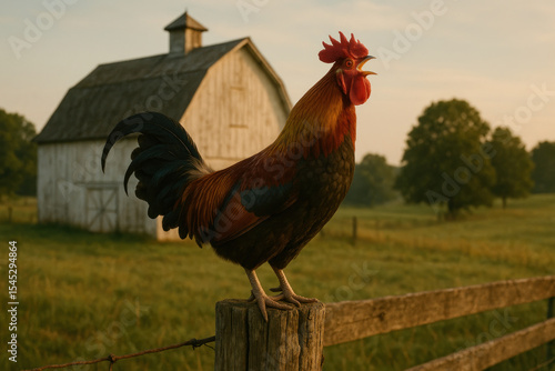 Rooster standing on fence in front of barn.