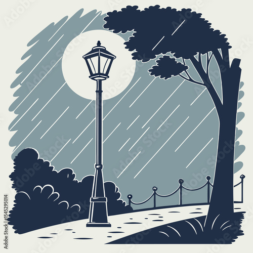 Rainy Evening Mood Silhouette of a Streetlamp in a Park Illustration
