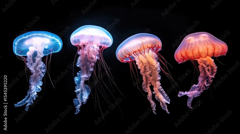 Four bioluminescent jellyfish in different shades of pink and blue against a black background. Close up, detailed view Four bioluminescent jellyfish in different shades of pink and blue against a black background. Close up, detailed view
