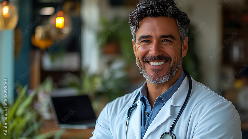 Fototapeta premium Male doctor in white coat smiling confidently with only a plant and laptop in frame 