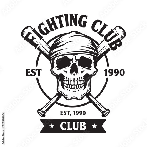 Fighting club member vector illustration. Skull in bandana. crossed riffles and text