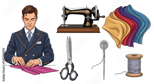 Illustration of a tailor working with fabric alongside sewing tools and a vintage sewing machine