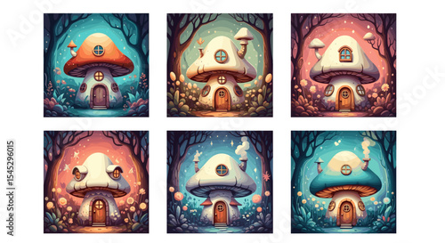 Six whimsical mushroom houses in enchanted forests with varying color schemes and magical ambiance