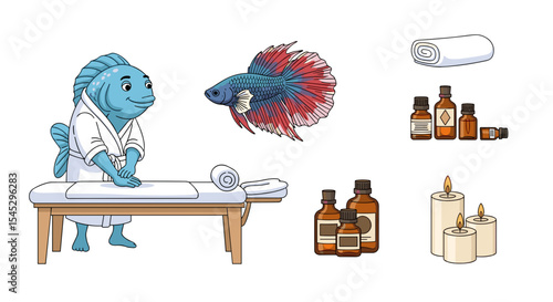 Cartoon fish in a robe at a massage table with candles and oils and a betta fish floating nearby