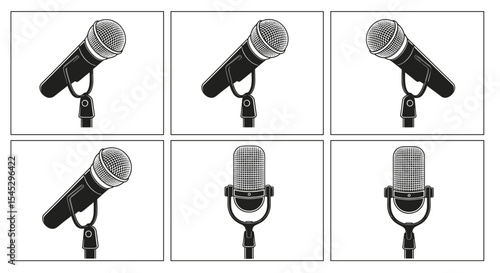 Illustration showing six microphones in individual frames arranged in a two by three grid format