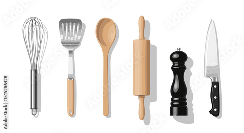 Assortment of kitchen utensils including a whisk spatula spoon rolling pin pepper grinder and knife tools