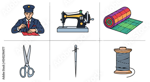 Illustration showing a tailor, sewing machine, fabric roll, scissors, needle, and thread spool present