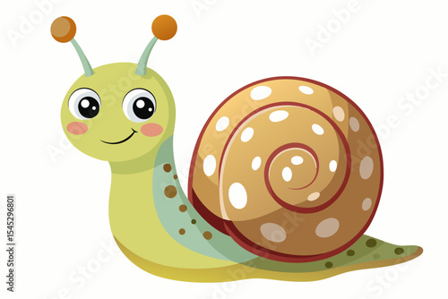 Bright and cheerful cartoon snail character with a vibrant orange spiral shell, blue body, and big smiling face. This playful vector illustration is perfect for children’s books, educational materials
