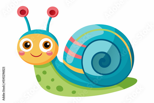 Bright and cheerful cartoon snail character with a vibrant orange spiral shell, blue body, and big smiling face. This playful vector illustration is perfect for children’s books, educational materials