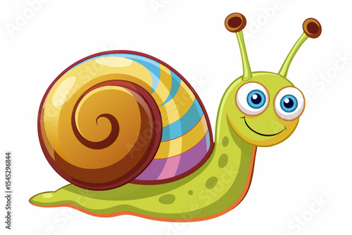 Bright and cheerful cartoon snail character with a vibrant orange spiral shell, blue body, and big smiling face. This playful vector illustration is perfect for children’s books, educational materials