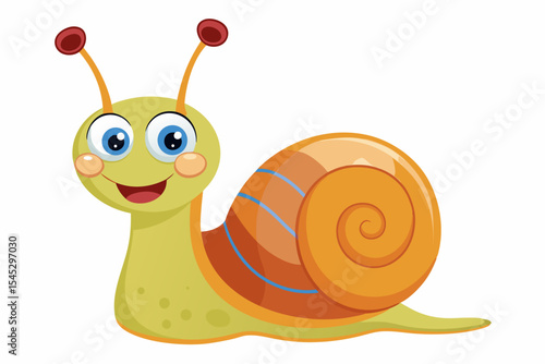 Bright and cheerful cartoon snail character with a vibrant orange spiral shell, blue body, and big smiling face. This playful vector illustration is perfect for children’s books, educational materials