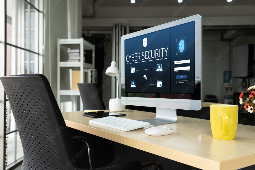 Cyber security system on computer screen protect private information snugly from hacker and cyber attack Cyber security system on computer screen protect private information snugly from hacker and cyber attack