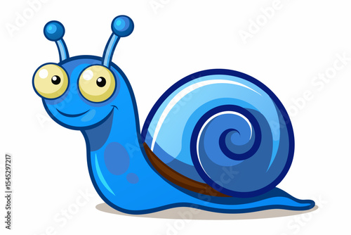 Bright and cheerful cartoon snail character with a vibrant orange spiral shell, blue body, and big smiling face. This playful vector illustration is perfect for children’s books, educational materials