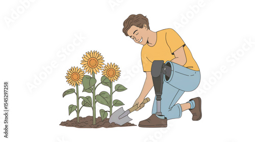 Vector illustration of a man with a prosthetic leg gardening among blooming flowers. Inclusive concept of people with disabilities enjoying nature and outdoor activities. Flat clean style.