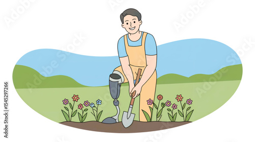 Vector illustration of a man with a prosthetic leg gardening among blooming flowers. Inclusive concept of people with disabilities enjoying nature and outdoor activities. Flat clean style.