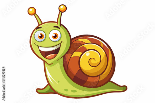 Bright and cheerful cartoon snail character with a vibrant orange spiral shell, blue body, and big smiling face. This playful vector illustration is perfect for children’s books, educational materials