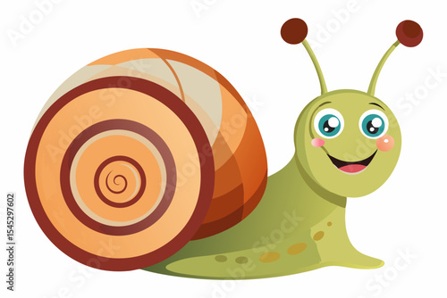 Bright and cheerful cartoon snail character with a vibrant orange spiral shell, blue body, and big smiling face. This playful vector illustration is perfect for children’s books, educational materials