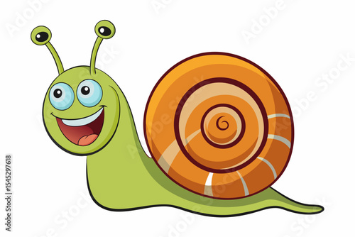 Bright and cheerful cartoon snail character with a vibrant orange spiral shell, blue body, and big smiling face. This playful vector illustration is perfect for children’s books, educational materials