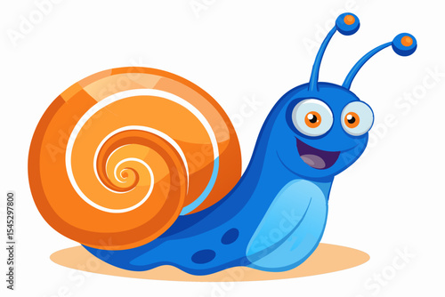 Bright and cheerful cartoon snail character with a vibrant orange spiral shell, blue body, and big smiling face. This playful vector illustration is perfect for children’s books, educational materials