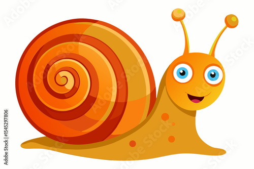 Bright and cheerful cartoon snail character with a vibrant orange spiral shell, blue body, and big smiling face. This playful vector illustration is perfect for children’s books, educational materials