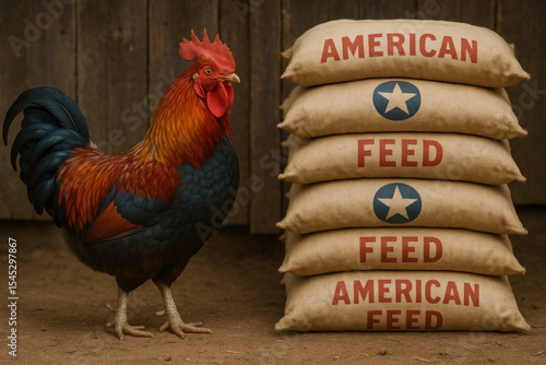 Rooster standing by feed bags.