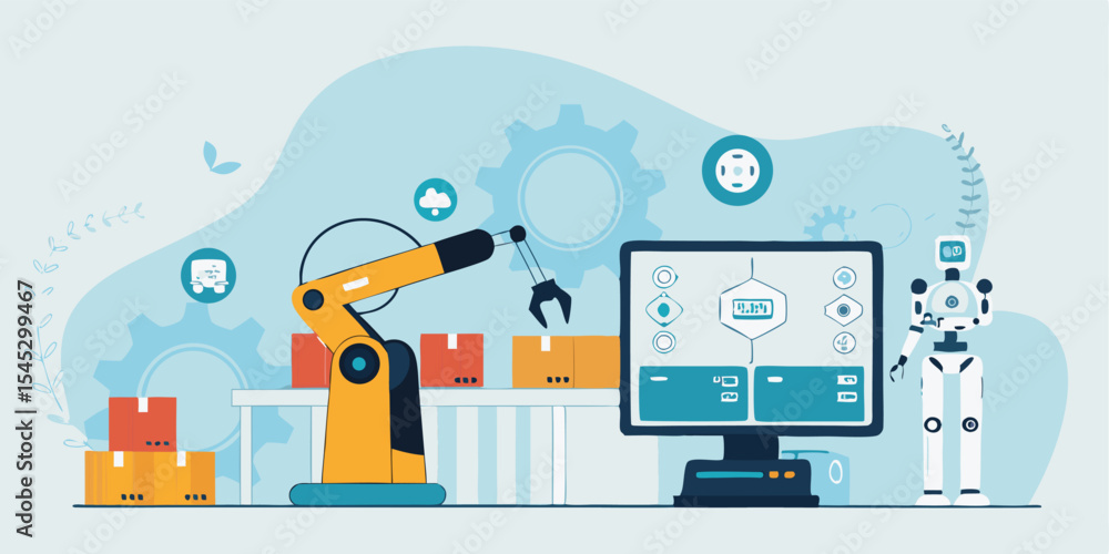 flat vector design future digital manufacturing with ai robotics automation working process concept flat vector design future digital manufacturing with ai robotics automation working process concept